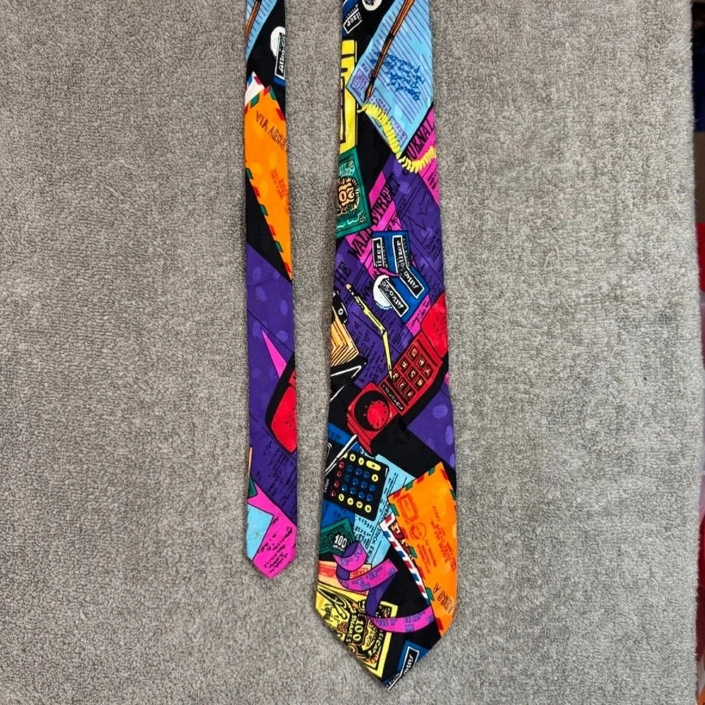 Addiction Vintage Silk Tie Mens Multi Color 90s Retro Cell Phone Calculator 57in